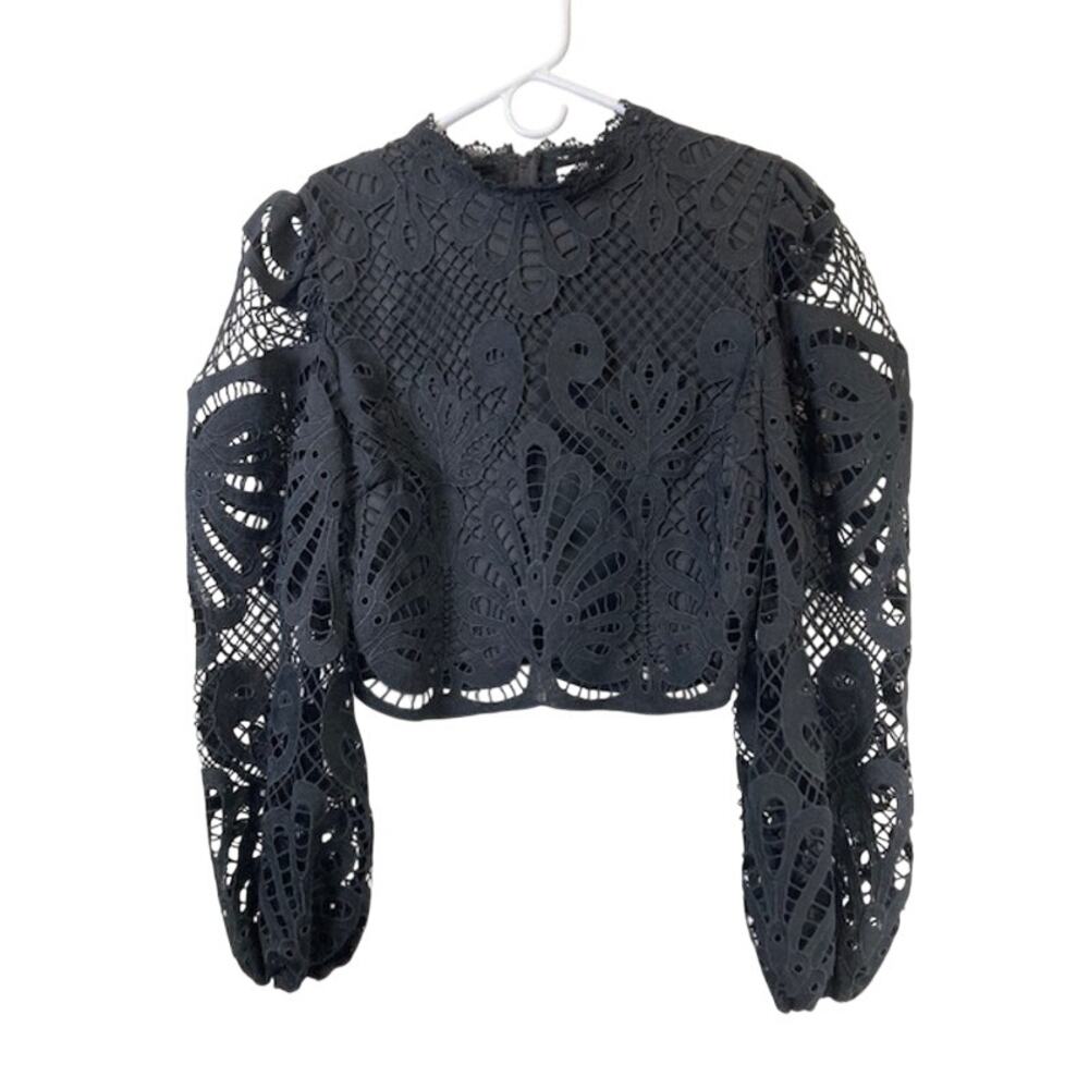 Flying Tomato-Black Cutout Lace Crop Top W/Long Lantern Sleeves